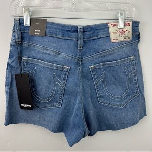 True Religion Maisie High Rise Shorts Raw Hem Medium Wash Horseshoe NWT